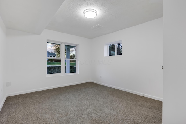 unfurnished room featuring carpet and a textured ceiling