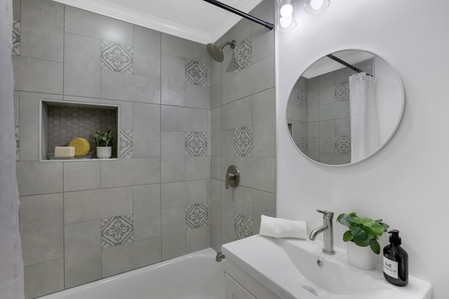 bathroom featuring vanity, shower / bathtub combination with curtain, and crown molding