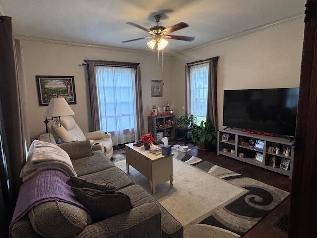 living room with crown molding, wood-type flooring, and ceiling fan