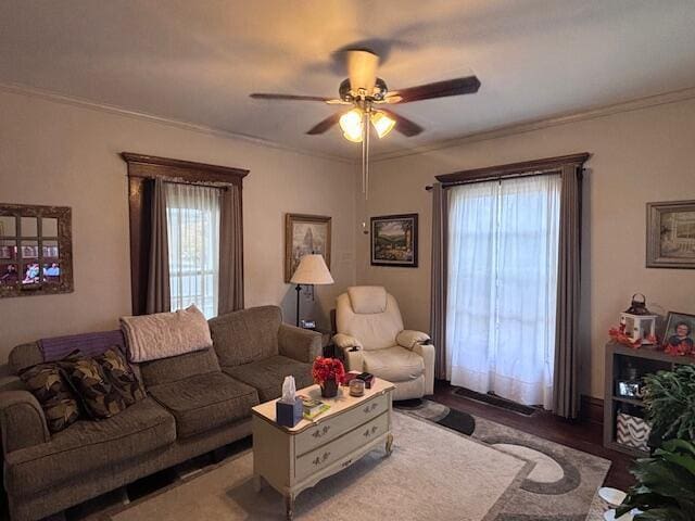 living room featuring ceiling fan and crown molding