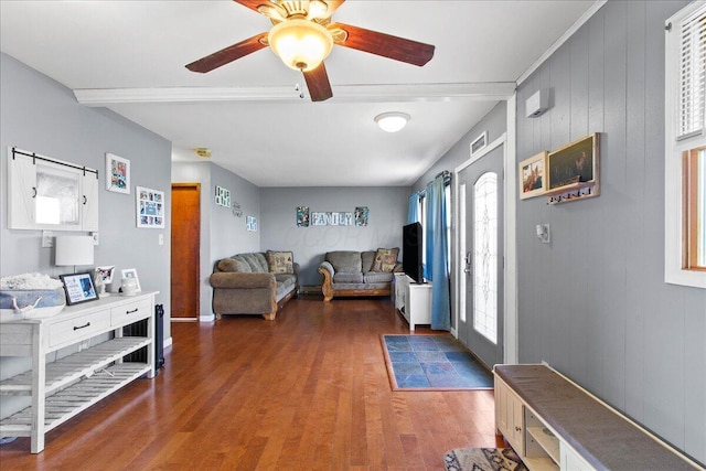 entryway with ceiling fan, plenty of natural light, dark wood-type flooring, and wood walls