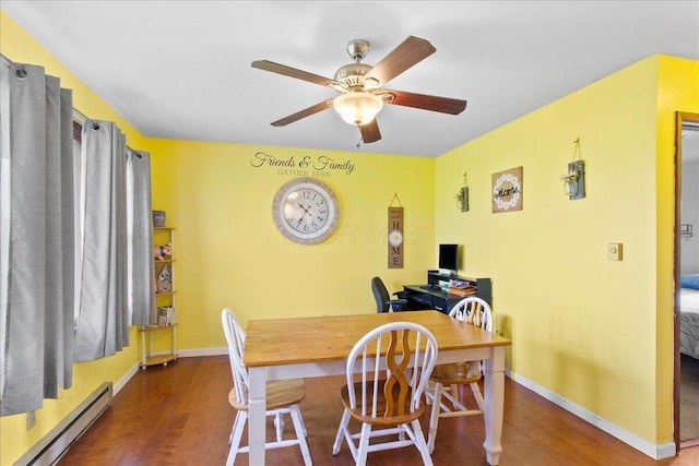 dining space with ceiling fan, dark hardwood / wood-style flooring, and a baseboard heating unit