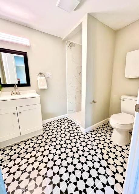 bathroom with vanity, toilet, and walk in shower