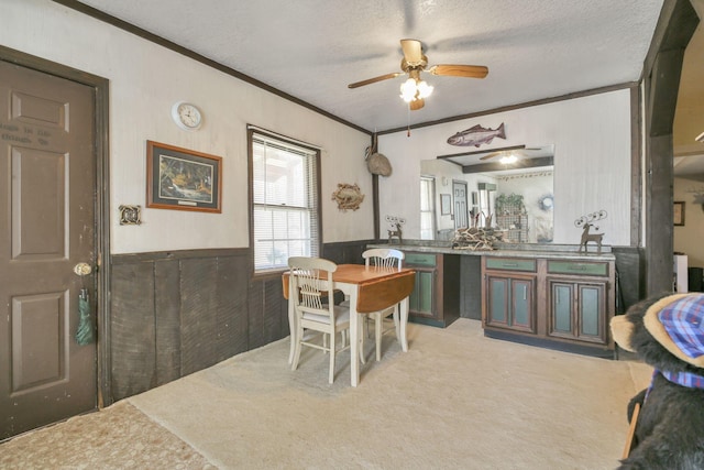 760 Henpeck Rd, Utica, OH 43080 - dining area featuring ornamental molding, light carpet, a ceiling fan, a textured ceiling, and a wainscoted wall