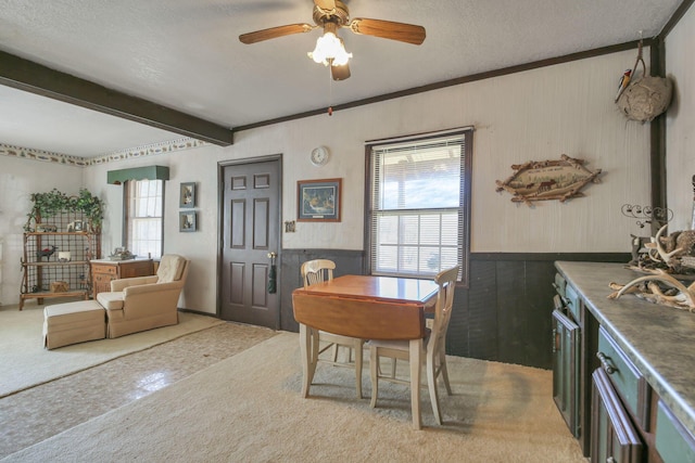760 Henpeck Rd, Utica, OH 43080 - dining area featuring plenty of natural light, a textured ceiling, a ceiling fan, beam ceiling, and carpet floors