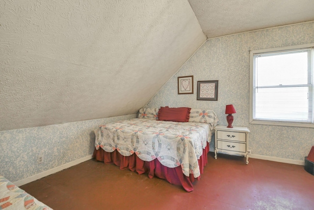 760 Henpeck Rd, Utica, OH 43080 - bedroom featuring a textured ceiling, lofted ceiling, and wallpapered walls