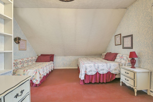 760 Henpeck Rd, Utica, OH 43080 - carpeted bedroom featuring wallpapered walls, lofted ceiling, and a textured ceiling