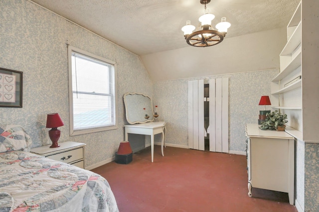 760 Henpeck Rd, Utica, OH 43080 - carpeted bedroom with a chandelier, a textured ceiling, wallpapered walls, and lofted ceiling