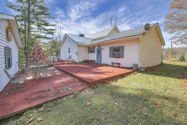 760 Henpeck Rd, Utica, OH 43080 - back of property featuring outdoor dining space, a yard, a metal roof, cooling unit, and a chimney