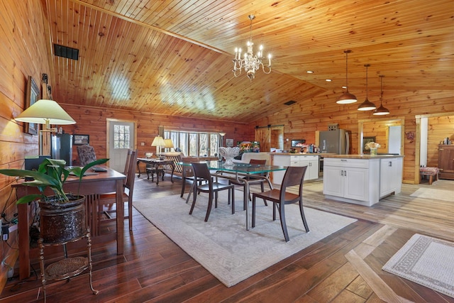 dining room featuring a chandelier, wood-type flooring, vaulted ceiling, and wood ceiling