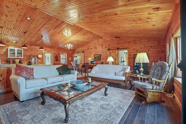 living room featuring dark hardwood / wood-style flooring, wooden ceiling, and wood walls