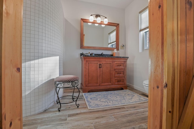 bathroom featuring vanity, wood-type flooring, and toilet