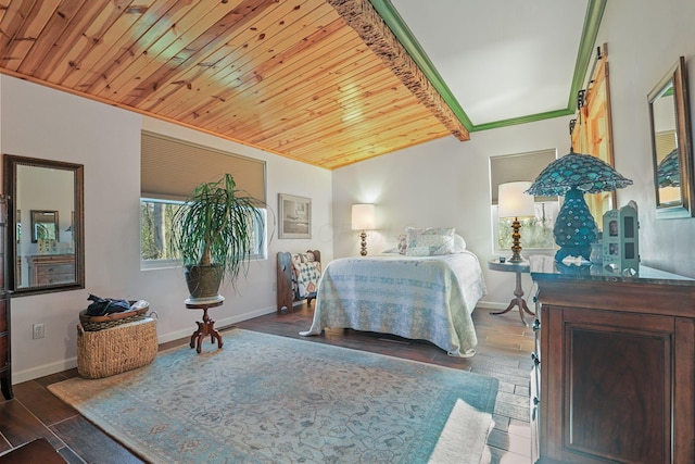 bedroom with wooden ceiling and dark wood-type flooring