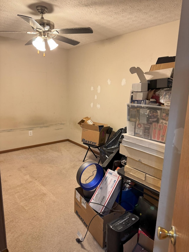 interior space with carpet flooring, ceiling fan, and a textured ceiling