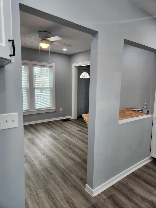 foyer featuring a ceiling fan, baseboards, and wood finished floors