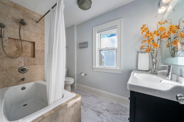 full bathroom featuring shower / bath combination with curtain, toilet, and vanity