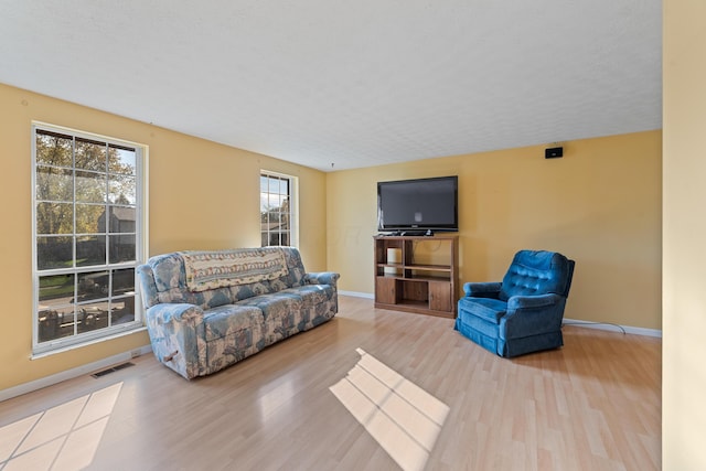 living room with light hardwood / wood-style floors and a textured ceiling