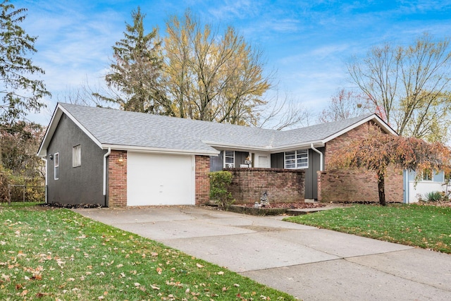 ranch-style house with a garage and a front yard