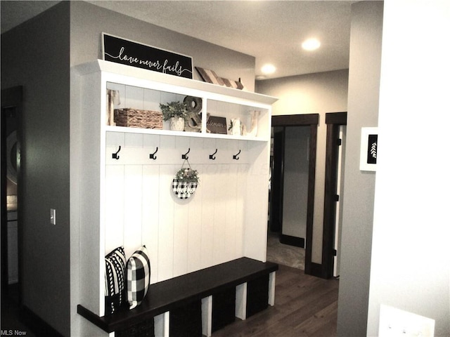 mudroom with dark hardwood / wood-style flooring