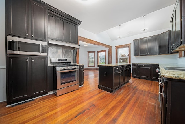 kitchen featuring appliances with stainless steel finishes, dark hardwood / wood-style flooring, premium range hood, light stone counters, and lofted ceiling