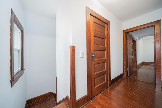 corridor with dark hardwood / wood-style flooring