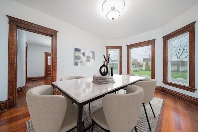 dining space with dark wood-type flooring