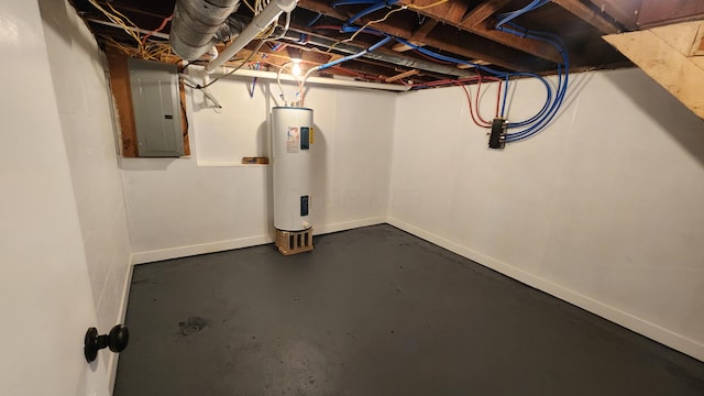 basement with electric water heater and electric panel