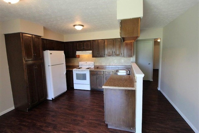 kitchen with dark brown cabinets, white appliances, a textured ceiling, dark wood-type flooring, and sink