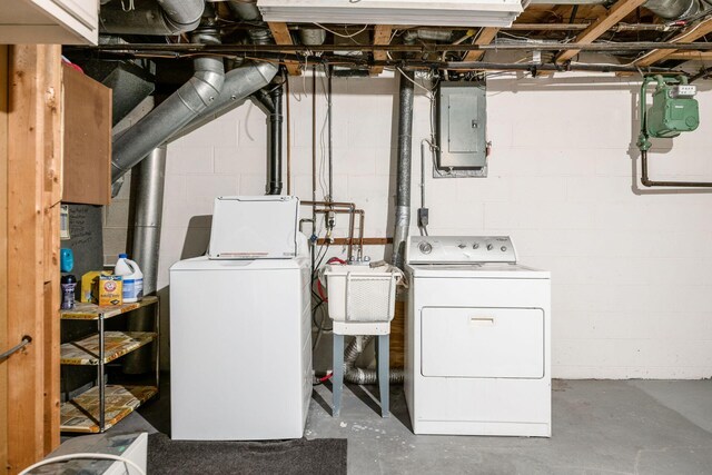 laundry room with laundry area, electric panel, a sink, and independent washer and dryer