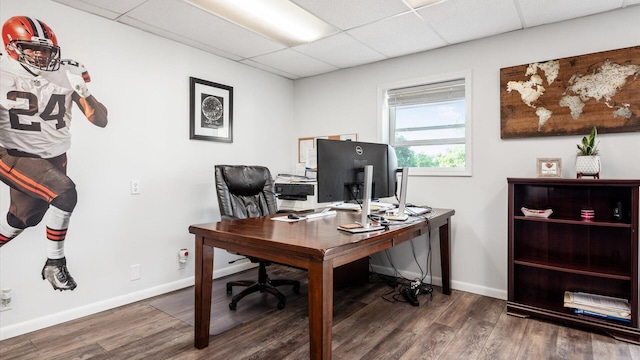 office area featuring a drop ceiling and wood-type flooring