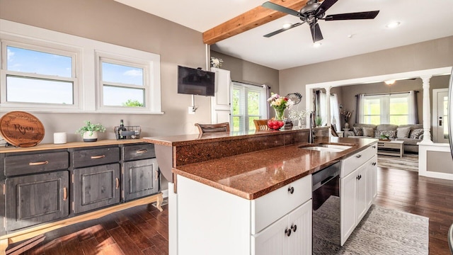 kitchen featuring a healthy amount of sunlight, sink, and dark wood-type flooring