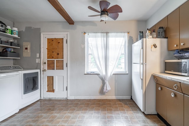 kitchen featuring ceiling fan, white refrigerator, beam ceiling, and independent washer and dryer