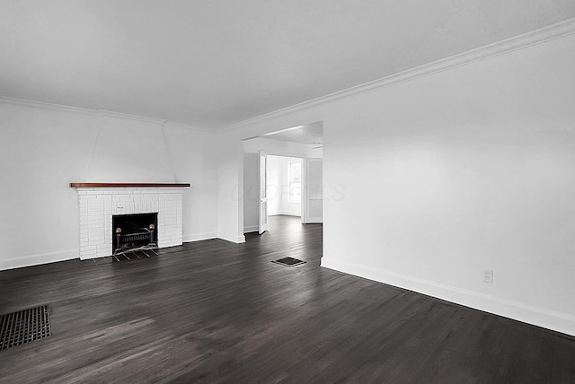 unfurnished living room with a fireplace, dark hardwood / wood-style floors, and ornamental molding