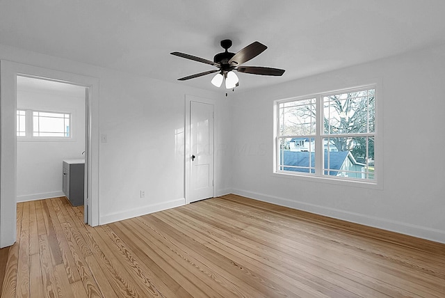 unfurnished bedroom with light hardwood / wood-style flooring and ceiling fan