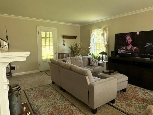 carpeted living room with a fireplace, a wealth of natural light, and ornamental molding