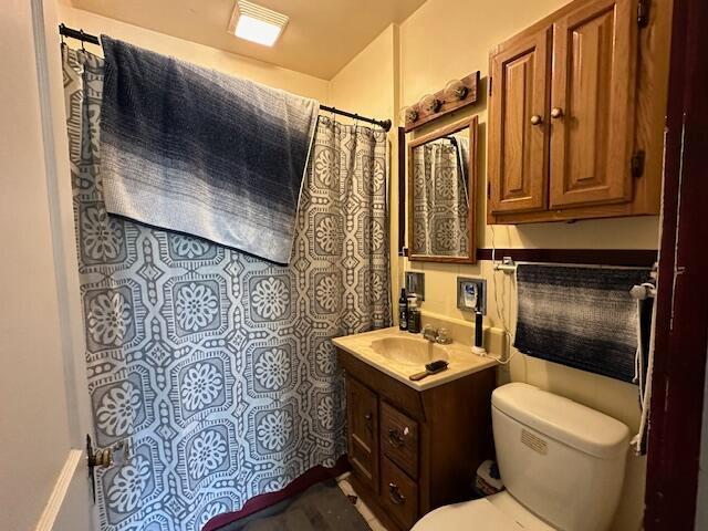 bathroom featuring a shower with curtain, vanity, and toilet