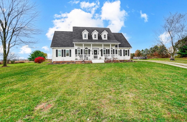 cape cod home featuring a porch and a front lawn