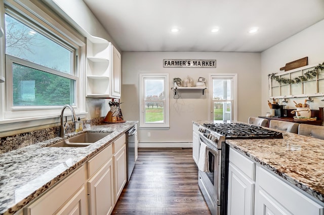 kitchen featuring appliances with stainless steel finishes, light stone counters, sink, white cabinets, and dark hardwood / wood-style floors