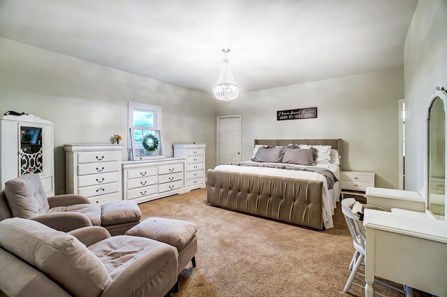 bedroom featuring light colored carpet and an inviting chandelier