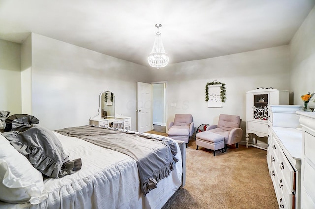 bedroom with a notable chandelier and light colored carpet