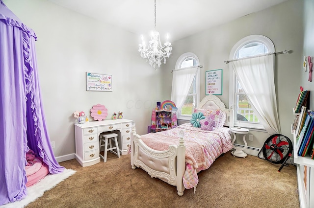 bedroom featuring carpet flooring, an inviting chandelier, a baseboard radiator, and multiple windows