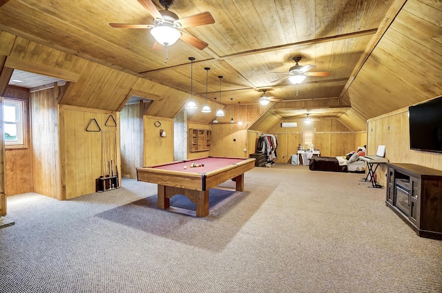 recreation room featuring carpet flooring, wooden walls, wooden ceiling, and pool table