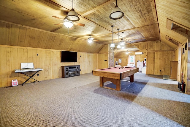 game room featuring wood ceiling, vaulted ceiling, wooden walls, carpet floors, and pool table