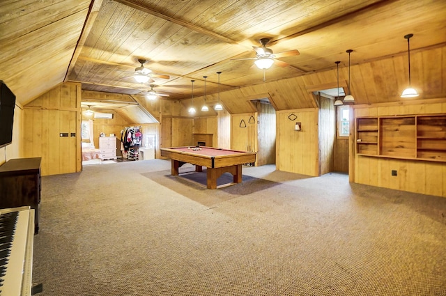 playroom featuring carpet flooring, wooden walls, wooden ceiling, and billiards