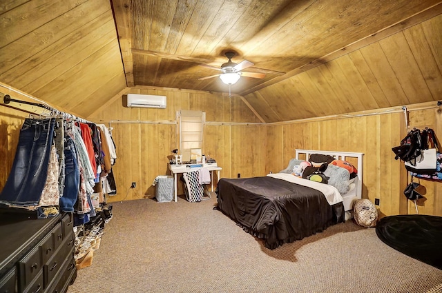 carpeted bedroom featuring a wall unit AC, wooden walls, wood ceiling, and vaulted ceiling