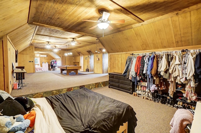 bedroom with carpet, lofted ceiling, wooden ceiling, and billiards