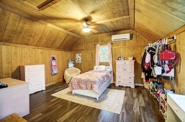 bedroom featuring ceiling fan, dark wood-type flooring, wooden ceiling, a wall unit AC, and wood walls