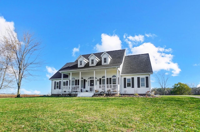 cape cod-style house featuring a front yard and a porch