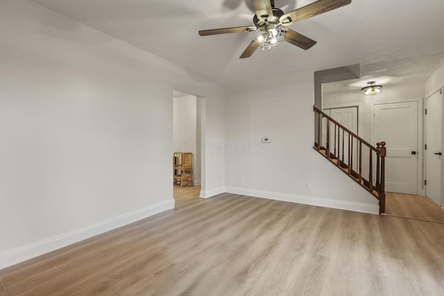 unfurnished living room featuring ceiling fan and light wood-type flooring