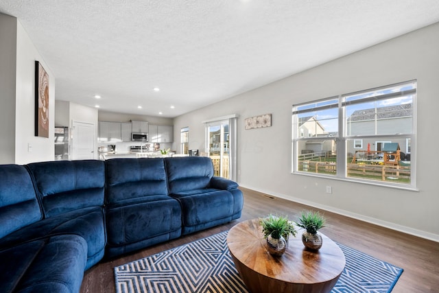 living room featuring dark hardwood / wood-style floors and a textured ceiling